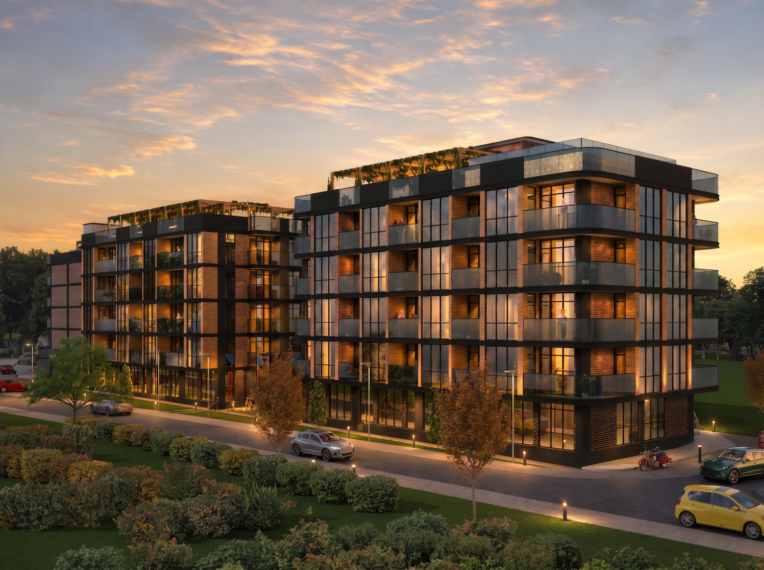 Club Residence exterior at sunset